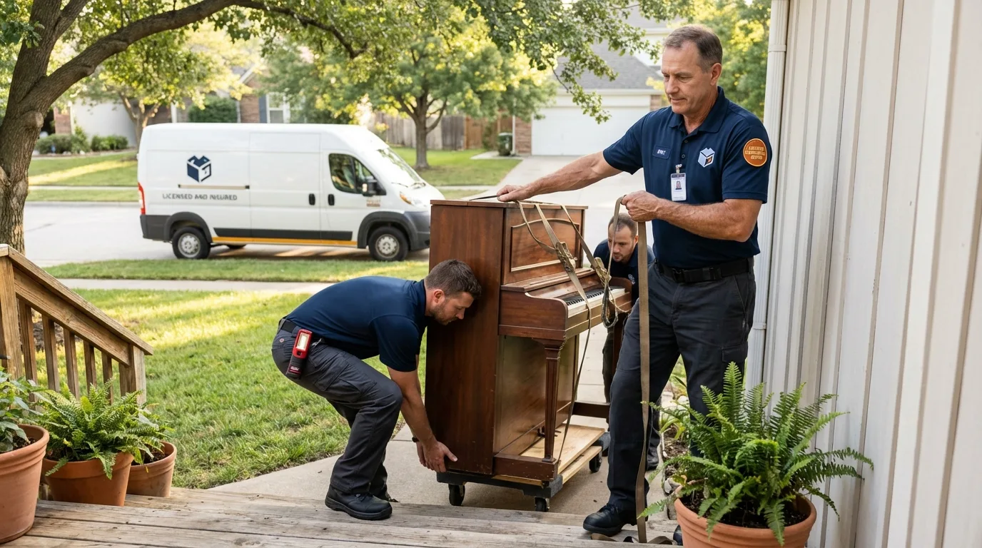 Licensed piano movers securing grand piano in West Frankfort, IL