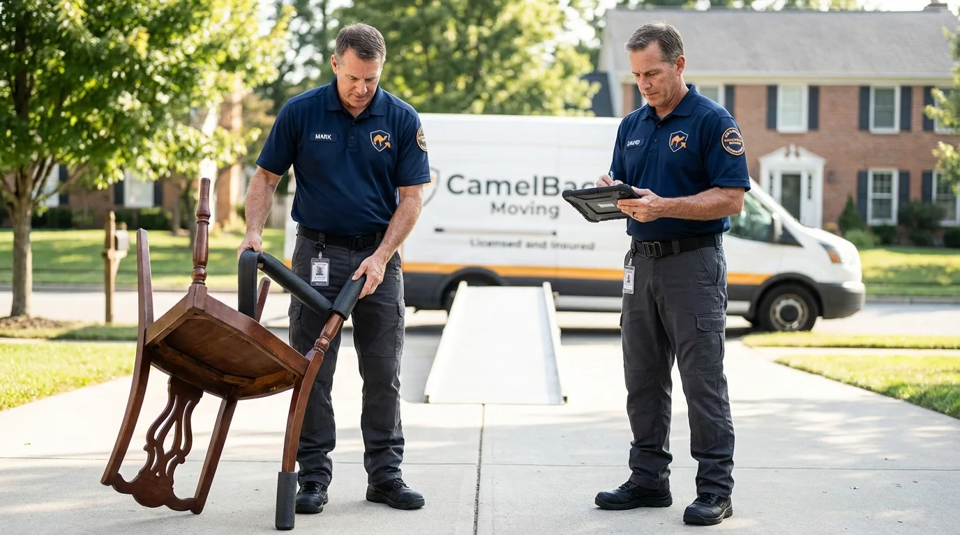 Movers inspecting furniture for damage prevention before loading in West Frankfort, IL