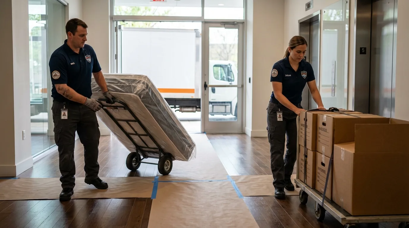 Professional apartment movers loading elevator in West Frankfort, IL