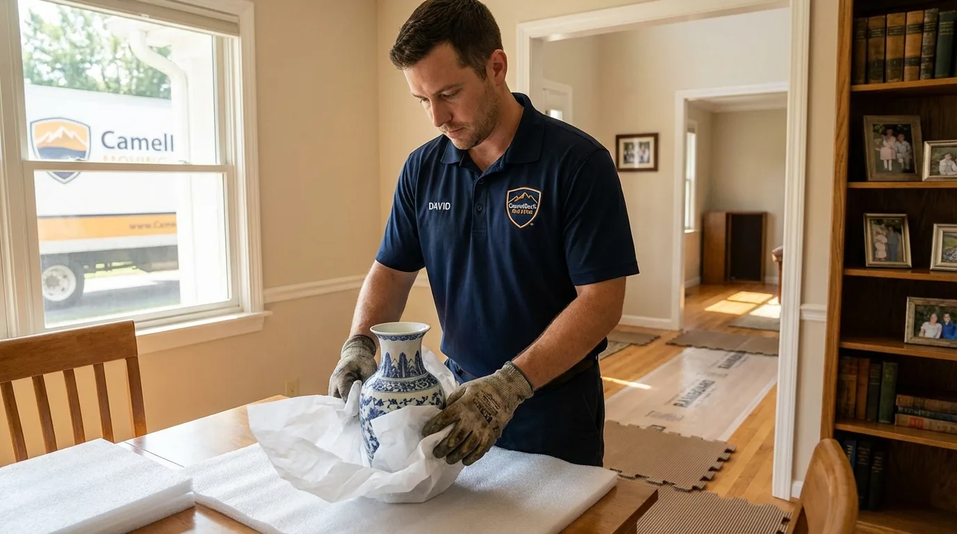 Professional crew carefully wrapping antique vase for senior downsizing move in West Frankfort, IL