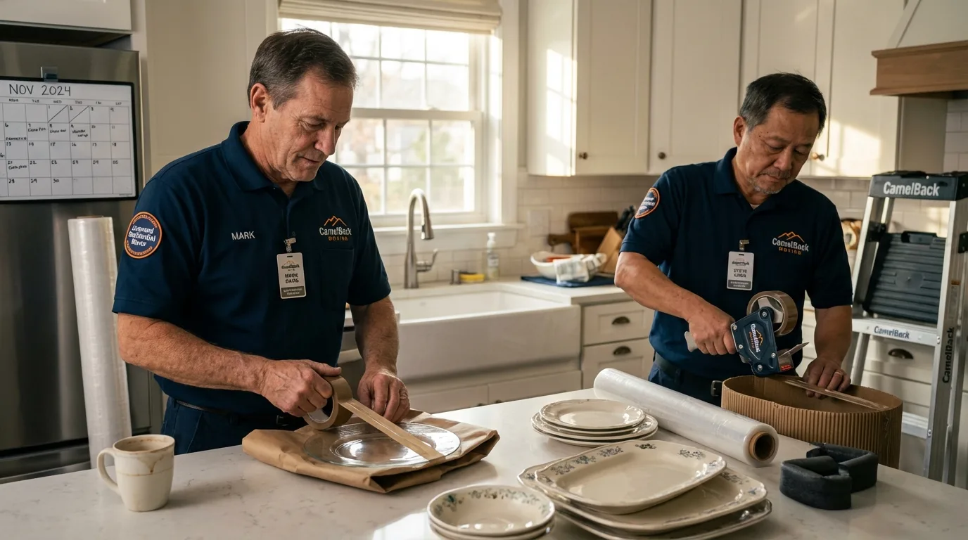 Professional crew packing kitchen dishware in West Frankfort, IL